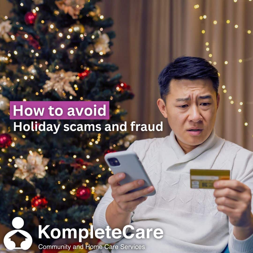 How to avoid holiday scams and fraud Dissatisfied Asian man trying to make a purchase in an online internet store, man cheated on Christmas, sitting on sofa in living room with smartphone in hands and credit card at home near Christmas