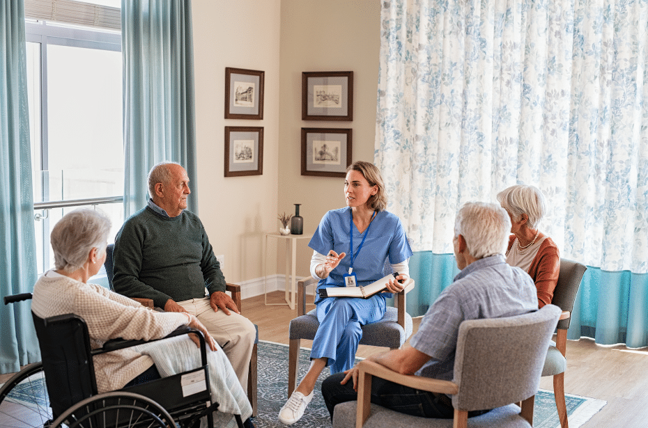 elderly old group meeting discussion guidance KompleteCare information