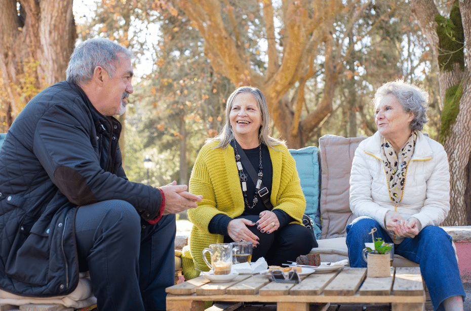 elderly old friends companions chatting discuss smile hcp grandfathering support at home